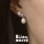 Boucles d'oreilles goutte argent avec cabochon et perle baroque sur mannequin, par Bijou Nacré